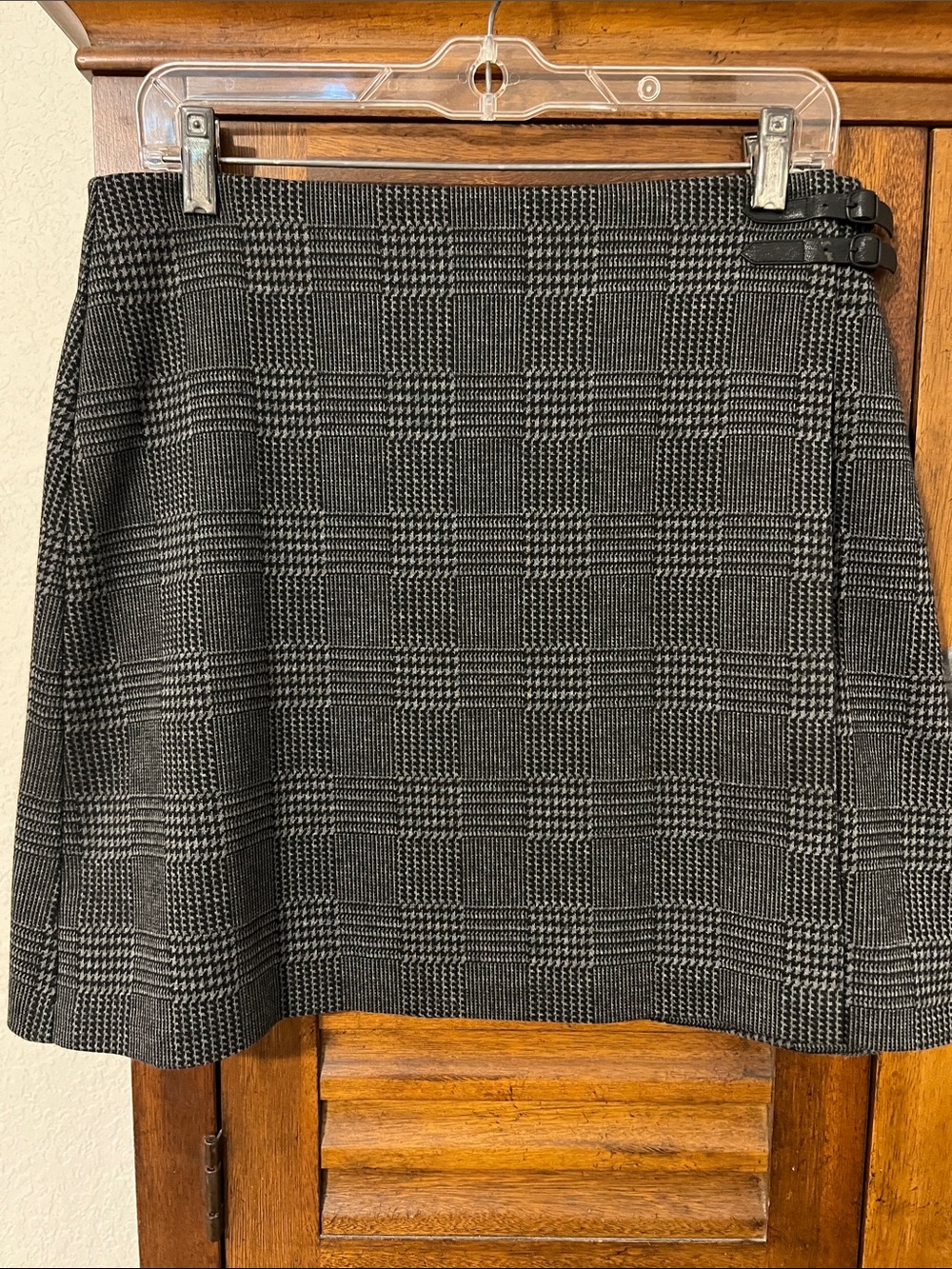 Vince Camuto Black and Gray Plaid Buckle Mini Skirt